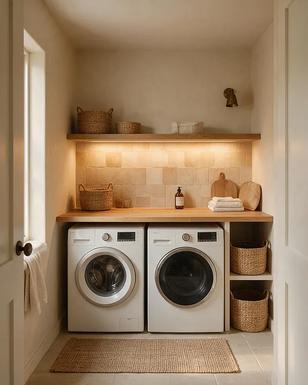 A compact laundry room with two front-loading machines built beneath a thick wood countertop and open shelving. The space features beige plaster-like walls, a tiled backsplash, woven baskets, and a textured jute rug, creating a warm Organic Modern look.