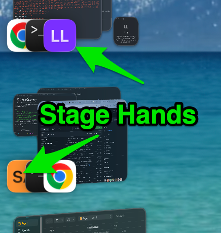 A MacBook screen showing a custom app called Stage Hands with several colorful custom icons representing projects alongside their usual app icons in a Stage Manager view.