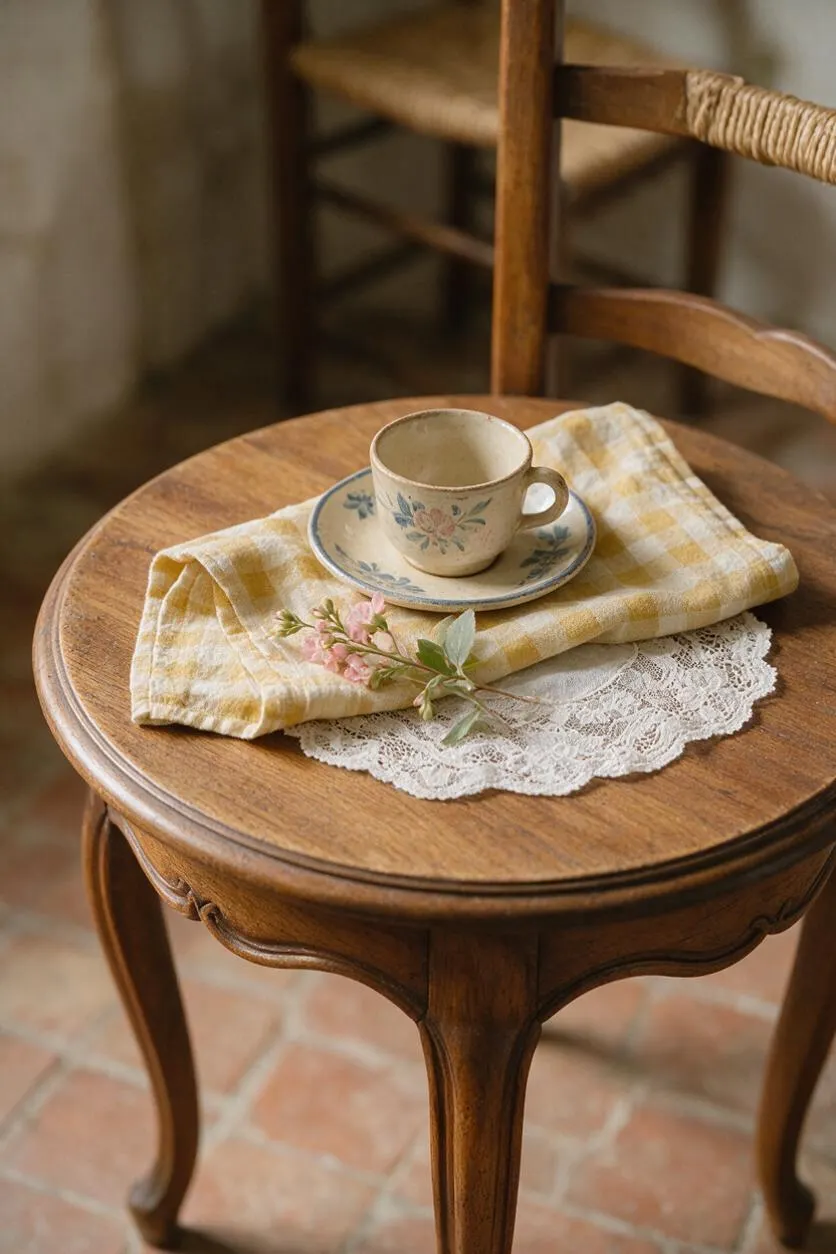 A small round wooden side table is styled with a floral teacup and saucer, a folded yellow gingham cloth, white lace, and a sprig of pink flowers. A bentwood chair and warm terracotta floor tiles create a cozy French Country atmosphere.