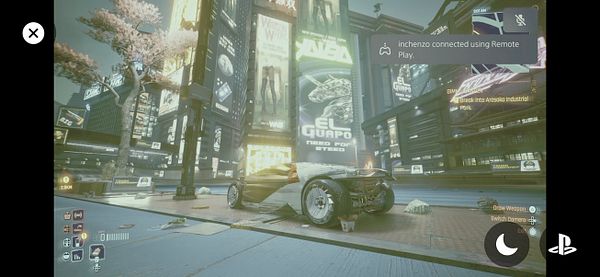 A futuristic cityscape featuring a sleek vehicle parked in a vibrant urban environment.