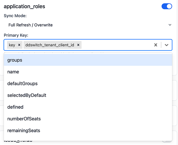 The image displays a user interface for configuring application roles with a dropdown for selecting multiple keys.