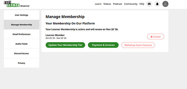 easyGerman website's Manage Membership page showing active learner membership details and options to update, view payments, cancel, or withdraw from contract.