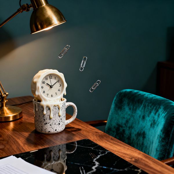 A surreal home office vignette shows a walnut desk with a black marble inset, a speckled ceramic mug holding a white clock that appears to melt and drip over its rim, and three floating paper clips above. A polished brass task lamp casts warm light on the scene, while a teal velvet chair and deep teal wall create a rich backdrop; scattered papers sit at the desk edge.