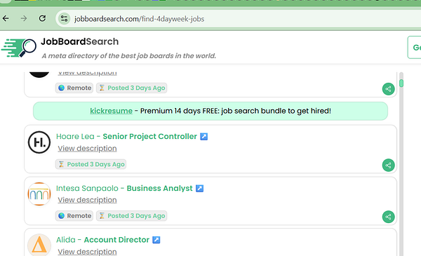 The image displays a job board search interface with various job listings and a promotional banner.