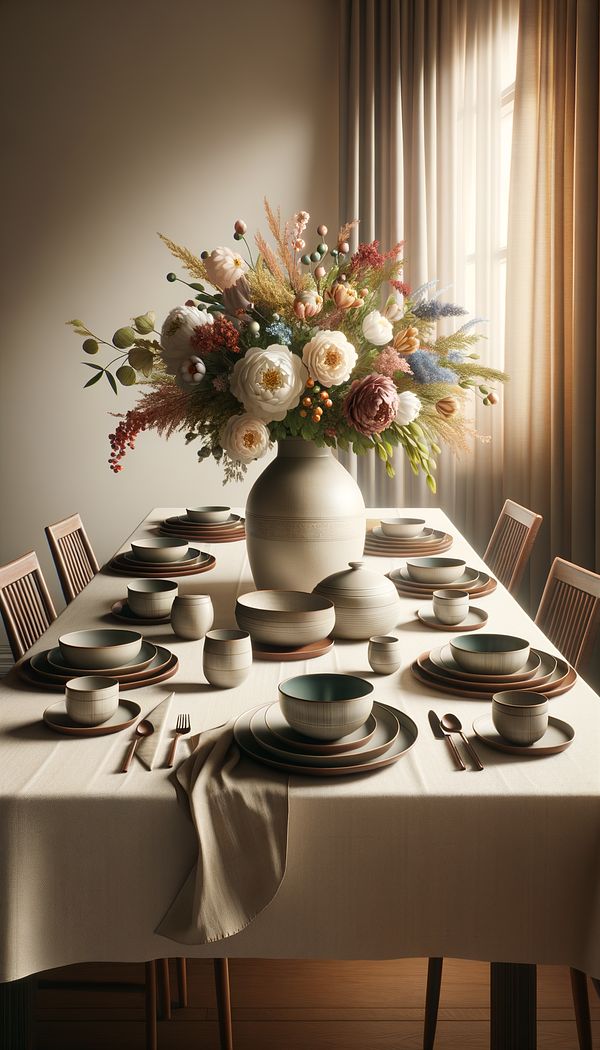 A beautifully set dining table featuring ceramic dinnerware, with a large ceramic vase of flowers as the centerpiece, showcasing the material's versatility in both functional and decorative contexts.