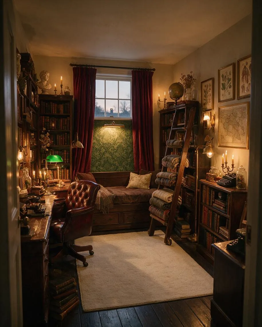 A narrow kids' room styled like a dark academia study, with dark wood bookshelves, a leather chair, a daybed under a window, and burgundy curtains. Warm candle-style lighting, botanical wall art, a globe, and stacked books create a moody scholarly atmosphere.