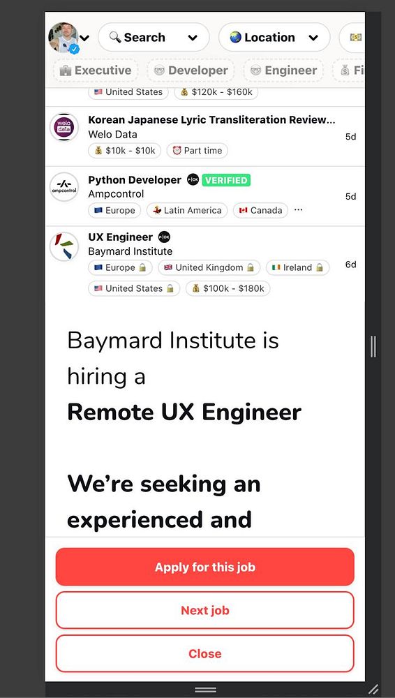 The image displays a mobile interface for job listings, highlighting a position for a Remote UX Engineer at Baymard Institute.