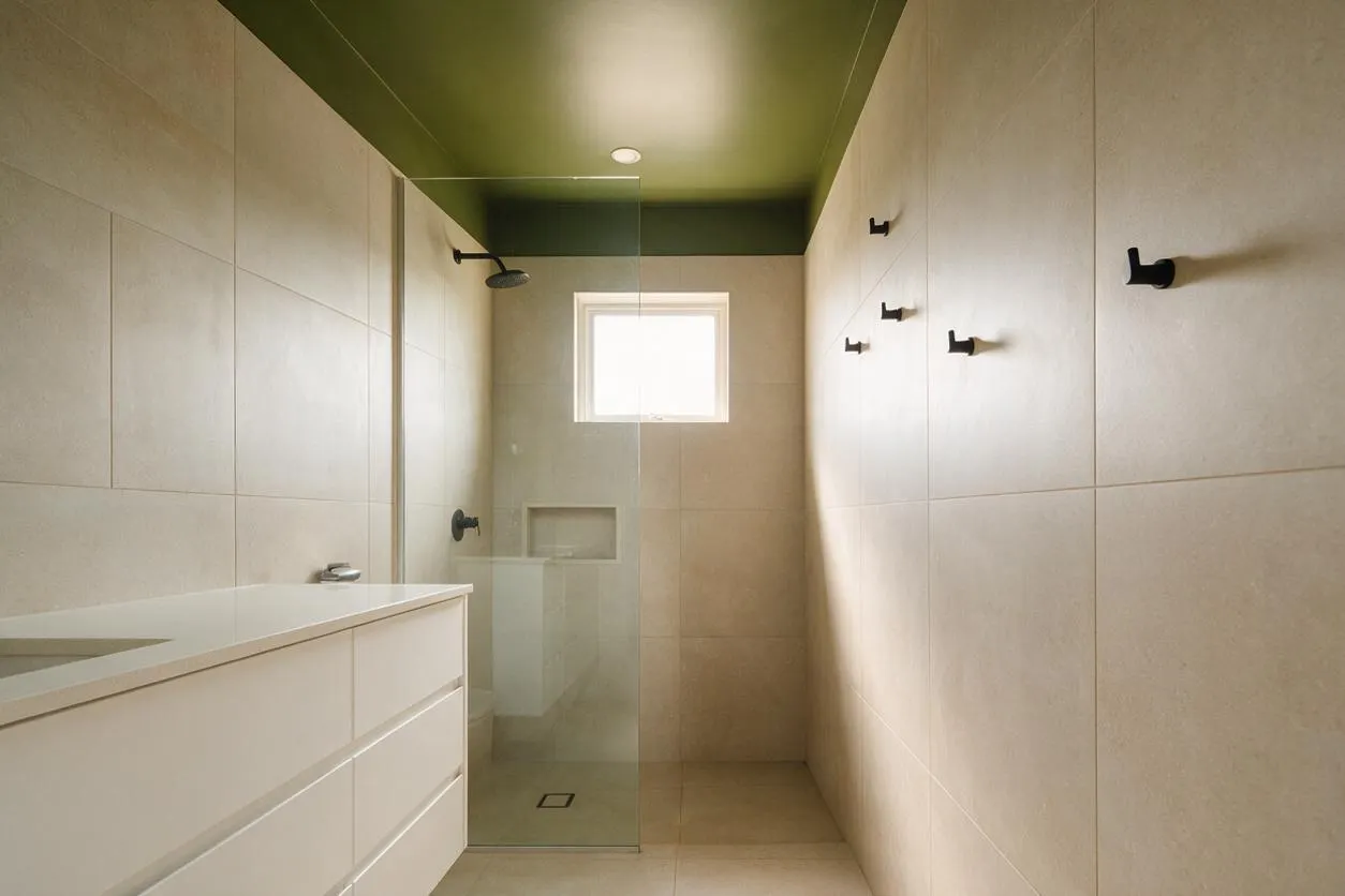 A modern master bathroom with large beige tiled walls and floors, a white floating vanity on the left, and a glass-enclosed shower at the back. The ceiling is painted olive green, and matte black shower and towel hooks add contrast to the clean, minimalist space.