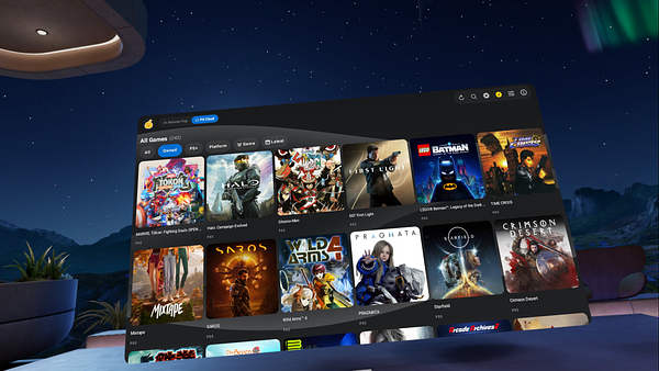 Screenshot of Asobi game launcher interface on Meta Quest showing various game listings and play options.