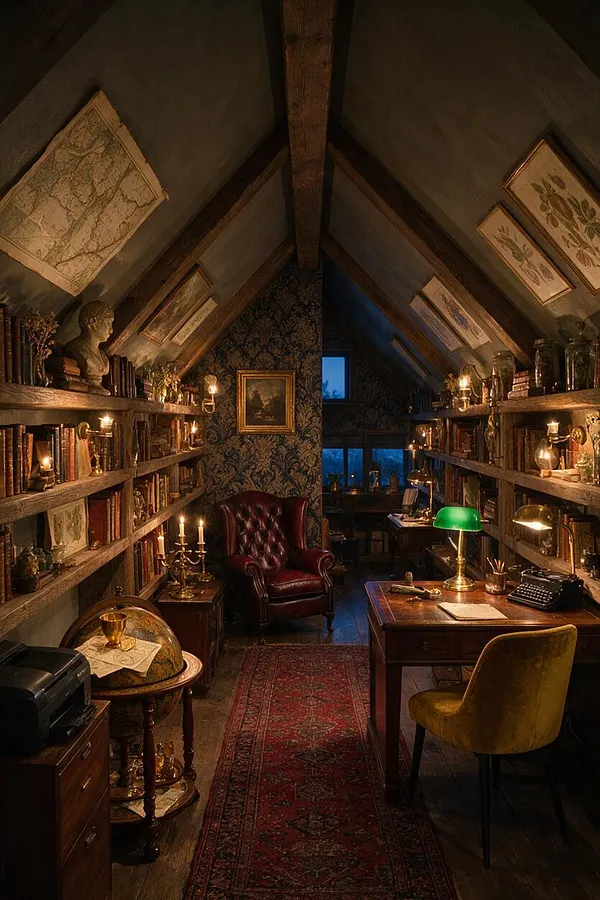 A narrow attic home office with sloped ceilings, lined with built-in wooden bookshelves filled with books, candles, and brass accents. A burgundy leather armchair, dark wood desk, green banker’s lamp, patterned wallpaper, and a red Persian-style rug create a dramatic Dark Academia atmosphere.