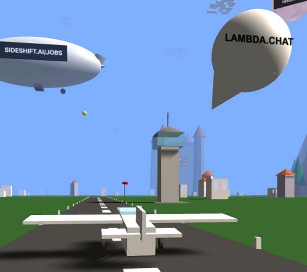 A 3D-rendered scene featuring a small airplane on a runway with a chat bubble and a blimp in the sky.