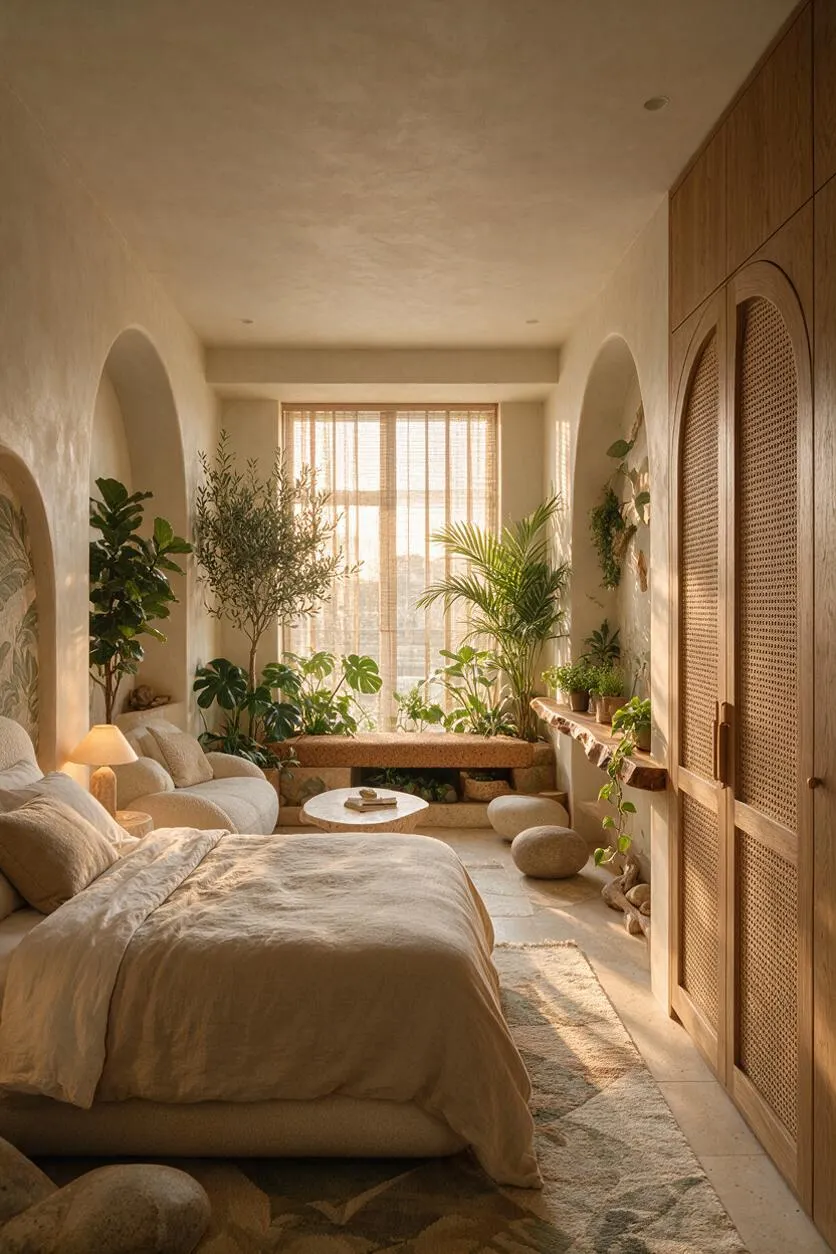 A warm guest bedroom with a low bed dressed in beige linens, surrounded by many indoor plants and framed by arched wall niches. Sunlight filters through sheer window coverings, while a wooden rattan-front wardrobe and natural stone accents add earthy texture throughout the room.
