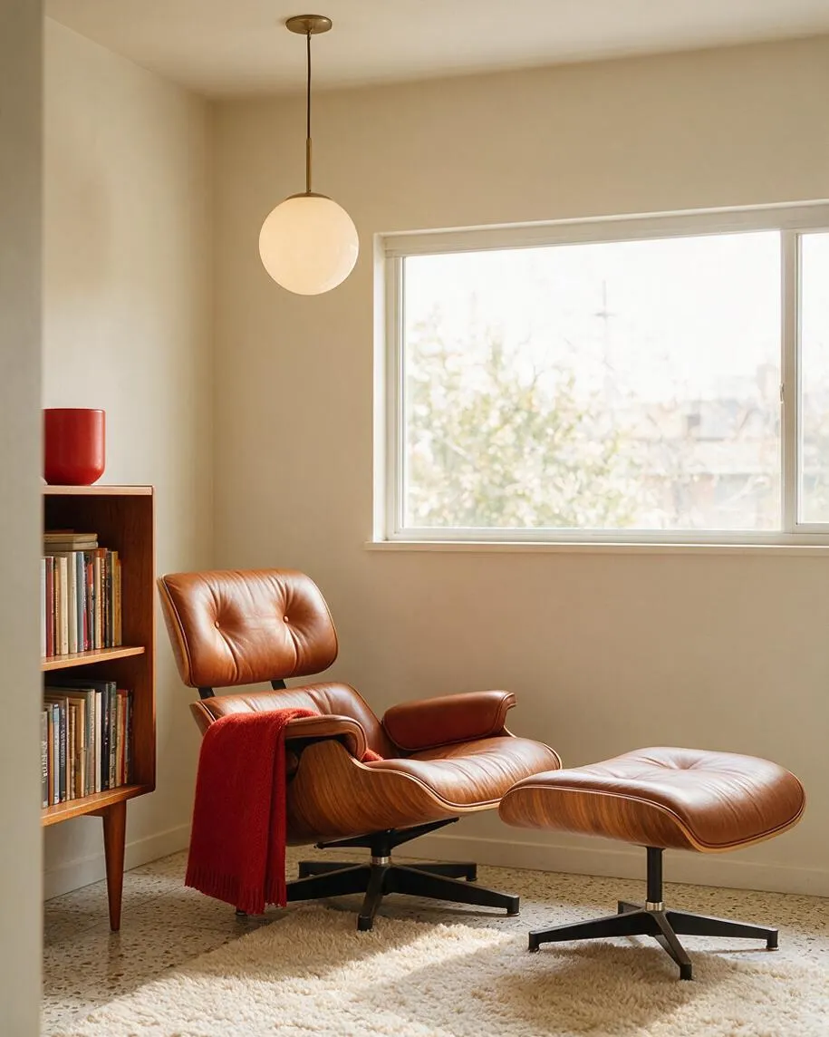 A bright sunroom with a large window, featuring a brown leather lounge chair with matching ottoman, a red throw blanket, and a wooden bookcase filled with books. A simple globe pendant hangs overhead, and the room has cream walls, terrazzo-style flooring, and a soft rug that adds warmth.