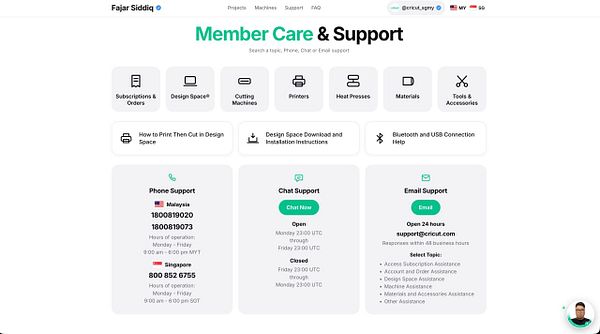 Member Care & Support page of Fajar Siddiq's website showing contact options and support topics for Cricut users in Malaysia and Singapore.