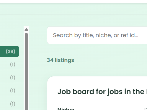 Screenshot of an application interface showing a job board search feature with filters and results grid.