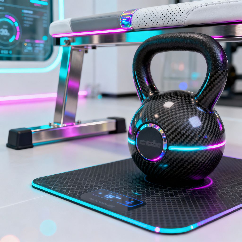 A close-up of a futuristic home gym shows a glossy carbon fiber kettlebell with cyan and magenta LED accents resting on a hex-patterned mat with an illuminated edge and small digital readout. Nearby, a weight bench features brushed stainless steel legs and a white perforated cushion with RGB lighting. The space has smooth white surfaces, LED strip lighting along the base, and a wall screen displaying training graphics.