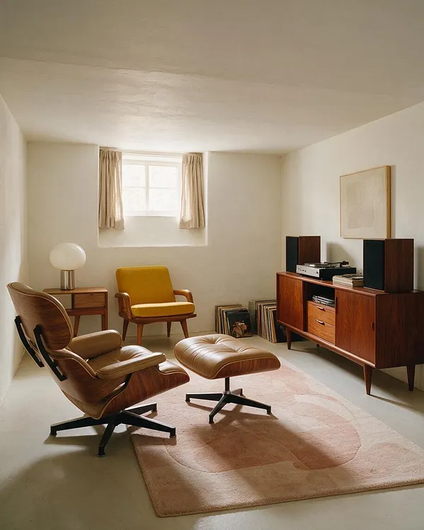 A cozy basement lounge in mid-century modern style with cream walls, a small window with beige curtains, and a low wood sideboard holding a turntable and speakers. The room includes a walnut lounge chair, a mustard yellow armchair, a matching ottoman, a pale pink area rug, and a small side table with a globe lamp.