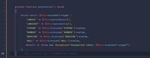 A code snippet of a JSON parser function written in a programming language.