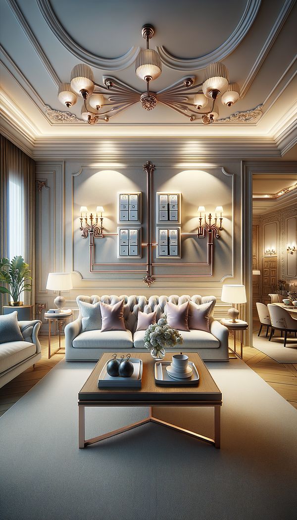 An elegant living room with two points of light control located at opposite walls, featuring stylish three-way switches.
