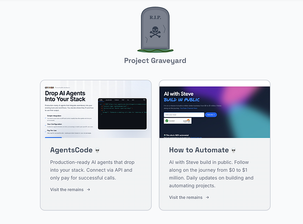 A computer screen displaying a website titled 'Project Graveyard' with a list of projects and their details in a grid layout.