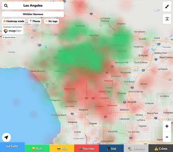 A heatmap overlay on a city map showing distinct red and green zones without overlap.