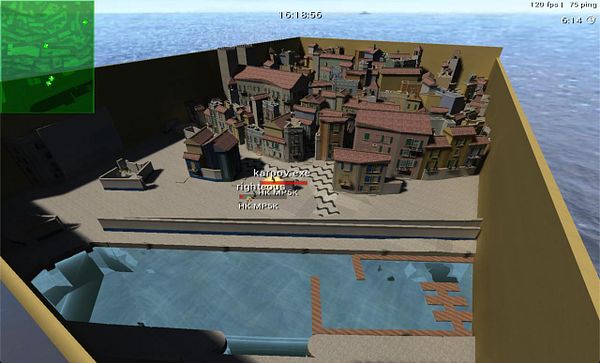 3D video game map featuring a walled cityscape with water areas and player HUD elements.