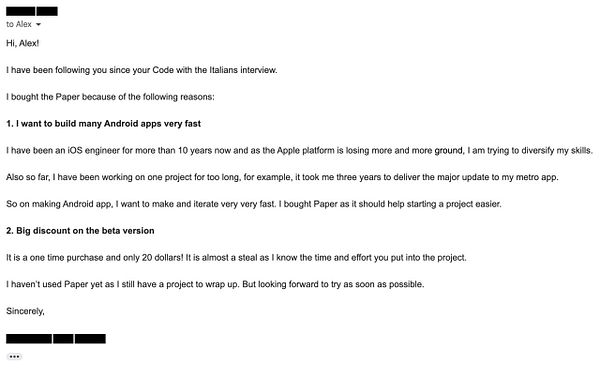 An email from a follower expressing interest in a project management tool called Paper.