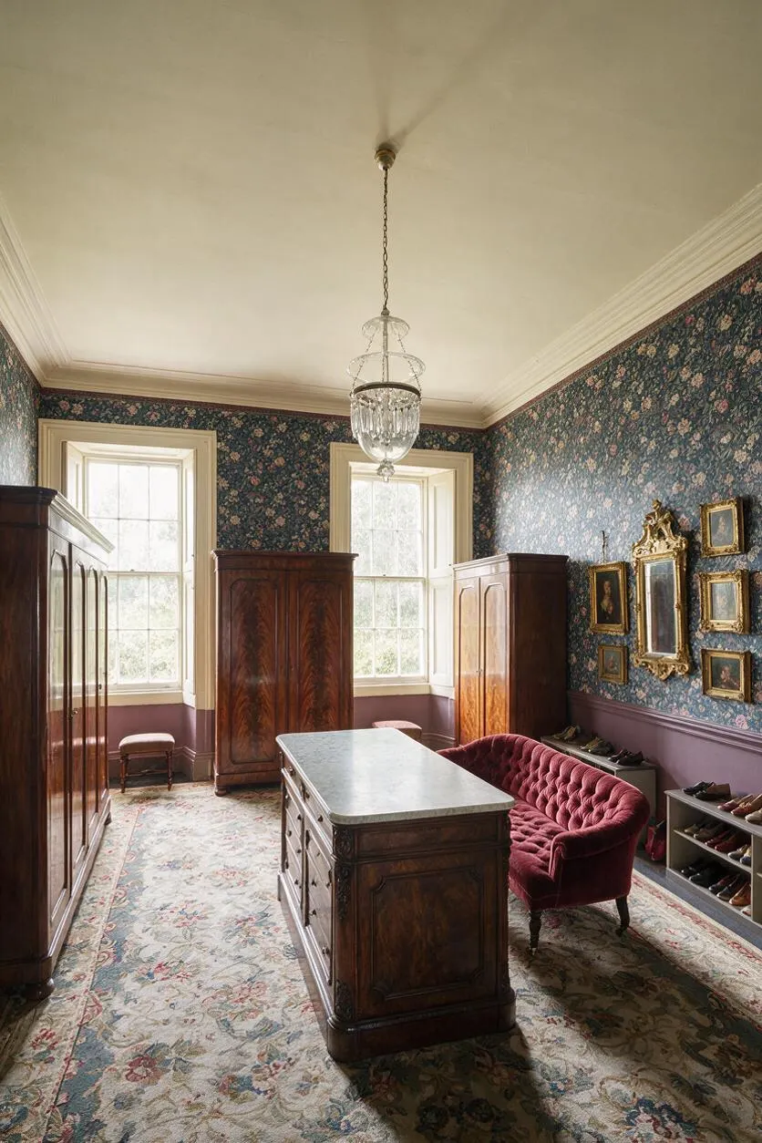 A Victorian-style closet with dark floral wallpaper, tall sash windows, and cream trim. The room includes a carved wooden island, wardrobe cabinets, a tufted burgundy loveseat, a crystal pendant light, framed gold mirrors, and patterned carpet, creating an elegant antique dressing space.