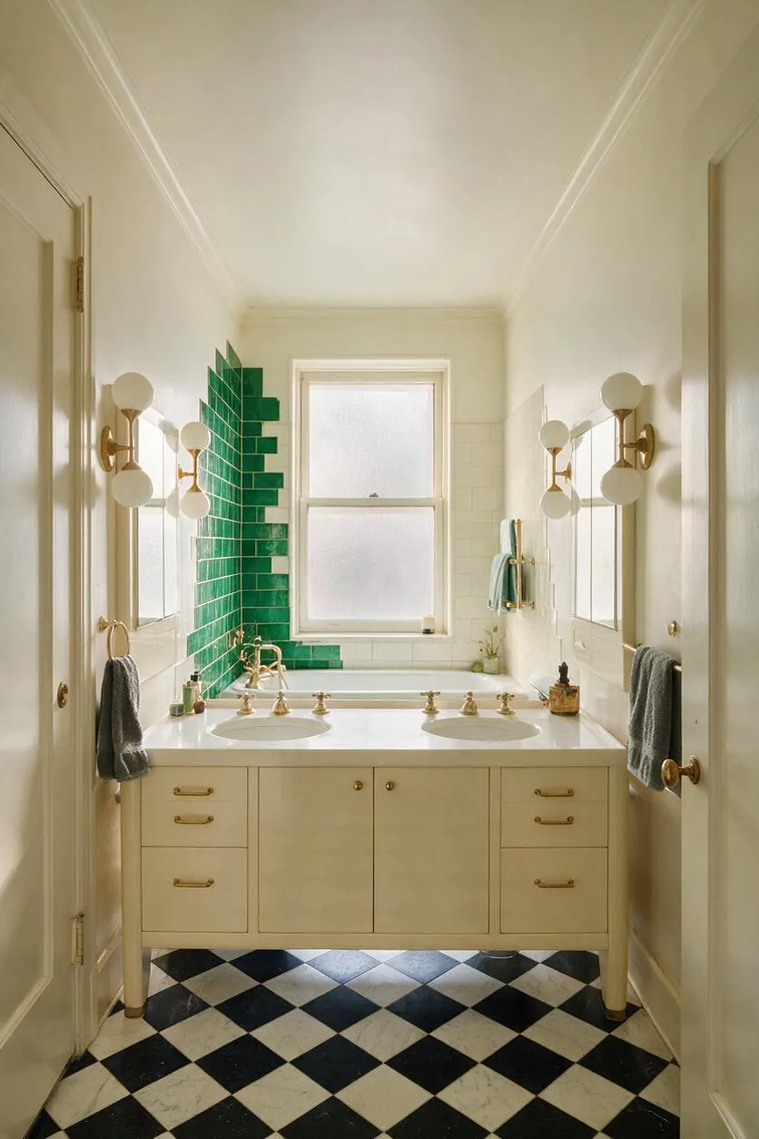 A narrow master bathroom with a cream double vanity, brass fixtures, and a black-and-white diamond checkered floor. A frosted window sits above the tub, while a dramatic green geometric tile accent wall adds an Art Deco focal point beside the bathtub.