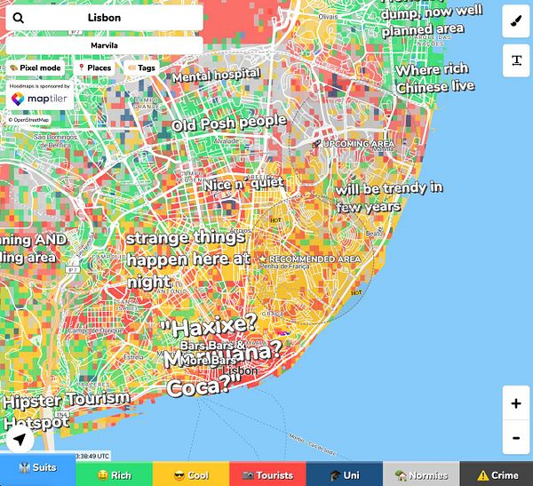 Map highlighting a 'Recommended Area' with multi-colored route lines and map controls visible on the left and right sides.