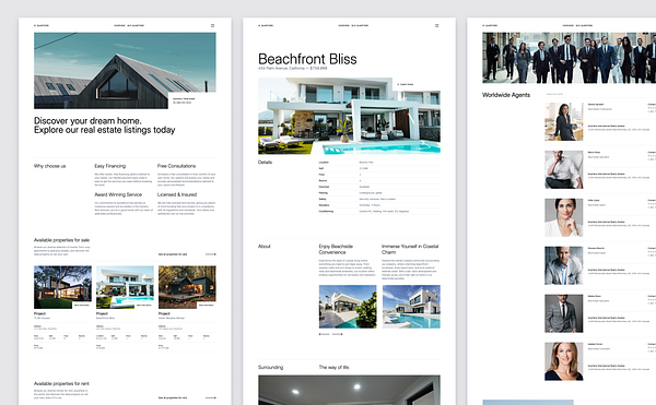 The image displays a multi-page layout of a real estate website featuring property listings and agent profiles.