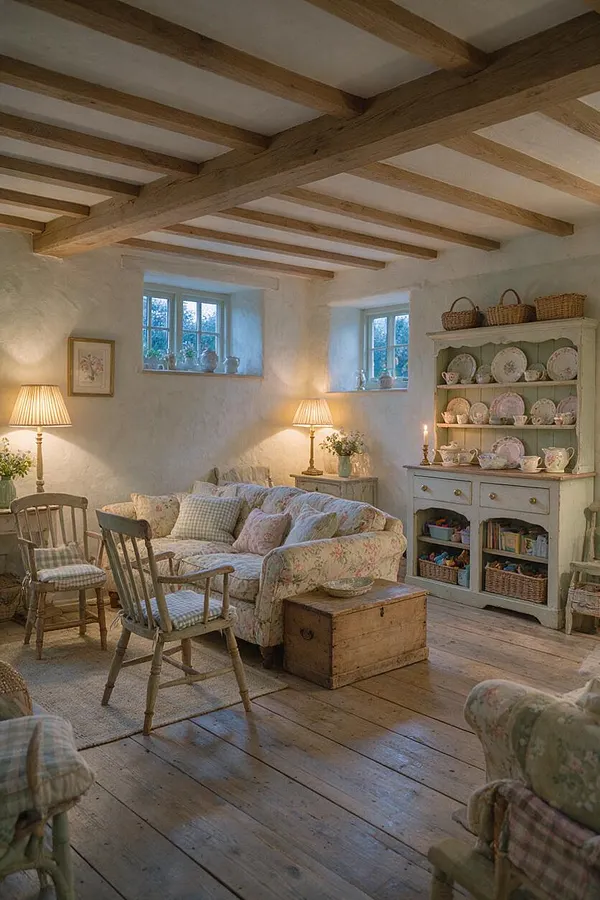A cozy basement sitting room in cottagecore style with white plaster walls, exposed wooden ceiling beams, and wide plank wood floors. The space includes a floral slipcovered sofa, painted spindle chairs, a vintage trunk coffee table, a pale hutch displaying floral china, and soft table lamps that create a warm, nostalgic glow.