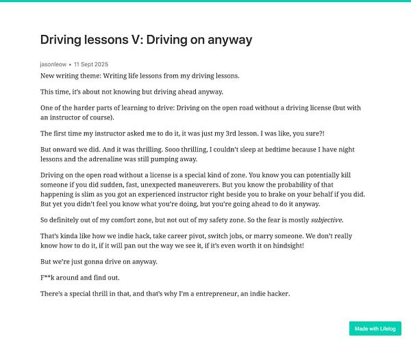 A blog post discussing the experience of driving lessons and the thrill of taking risks.