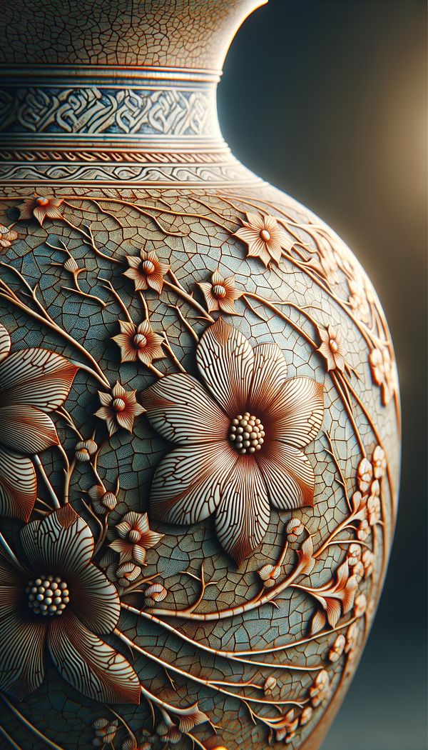 A close-up of a ceramic vase exhibiting a delicate, fine crackle glaze pattern, with warm light enhancing the texture.