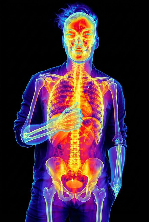 A vivid X-ray style image of a person showcasing their skeletal structure in bright colors.