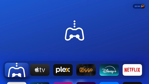 The image displays the Apple TV user interface featuring a gaming controller icon and various streaming app icons.