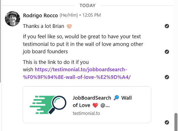 A message from Rodrigo Rocco requesting a testimonial for the Job Board Search initiative.