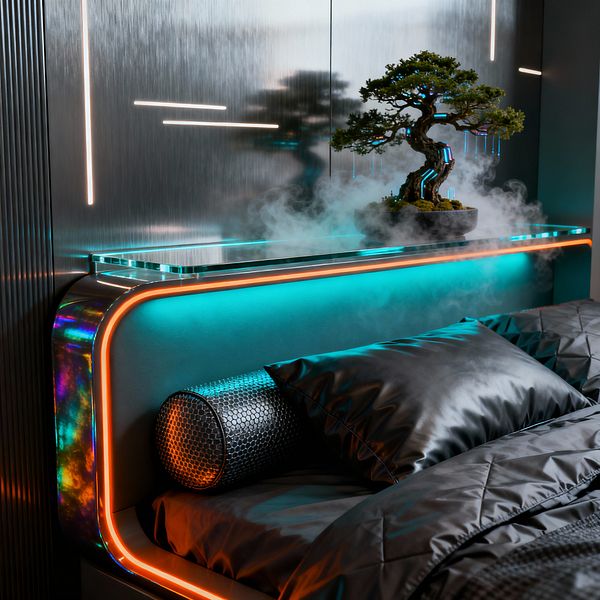Close-up of a cyberpunk bedroom with glossy black quilted bedding and a hex-pattern bolster pillow. A rounded headboard lined with electric teal and neon orange LEDs supports a glass shelf displaying a small bonsai amid drifting vapor, all set against brushed stainless-steel wall panels with slim warm-white light bars and iridescent metal trim.