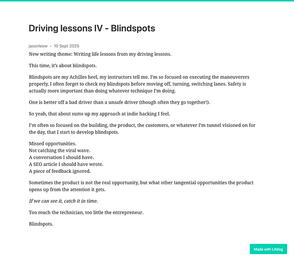The image features a blog post discussing the concept of blindspots in driving and their metaphorical application to entrepreneurship.