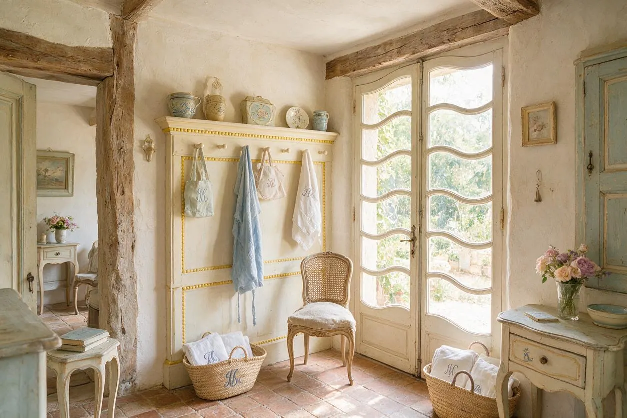 A French Country entryway with terracotta tile flooring, exposed wooden beams, and a weathered plaster finish. A carved chair sits beside a decorative wall panel used as a coat rack, while French doors with curved glass panes bring in soft natural light. Vintage ceramics, woven baskets, pastel-painted furniture, and fresh flowers complete the rustic, elegant look.