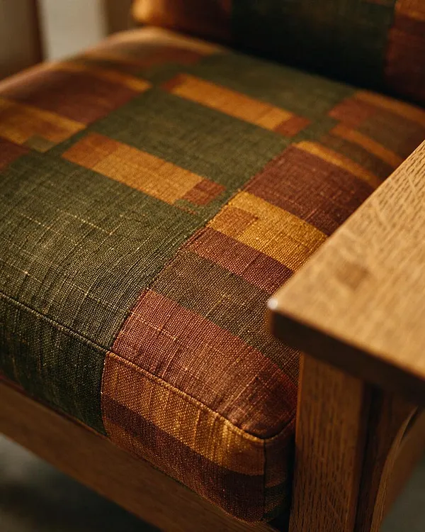 A close-up of a Craftsman-style upholstered chair shows a textured plaid fabric in deep green, rust, gold, and brown tones. The seat is framed by warm natural wood arms and legs, emphasizing the handcrafted, earthy look.