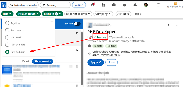 The image displays a LinkedIn job search interface highlighting job listings from the past 24 hours.