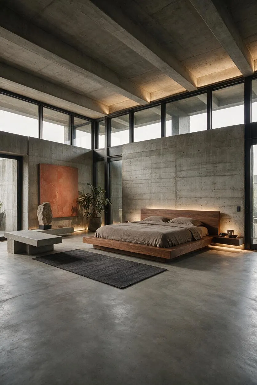 A spacious brutalist bedroom with exposed concrete walls and ceiling beams, floor-to-ceiling black-framed windows, and a low wooden platform bed dressed in neutral bedding. A concrete bench, sculptural stone accent, abstract wall art, and soft recessed lighting add warmth to the stark industrial space.