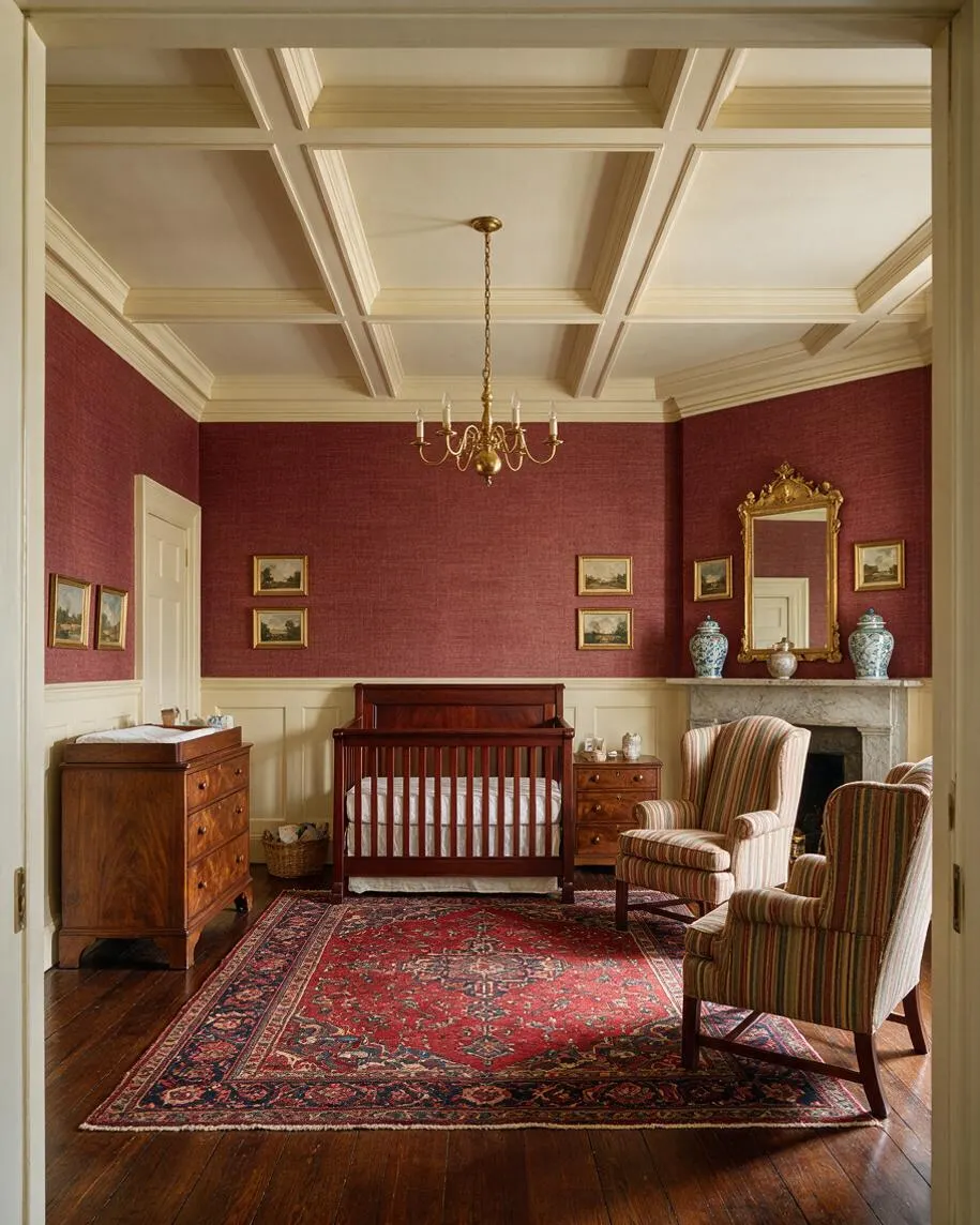 A traditional nursery with burgundy textured walls, cream paneling, and a coffered ceiling with a brass chandelier. The room includes a dark wood crib, matching dressers, two striped upholstered armchairs, a marble fireplace, ornate mirror, framed artwork, and a large red Persian-style rug over hardwood floors.