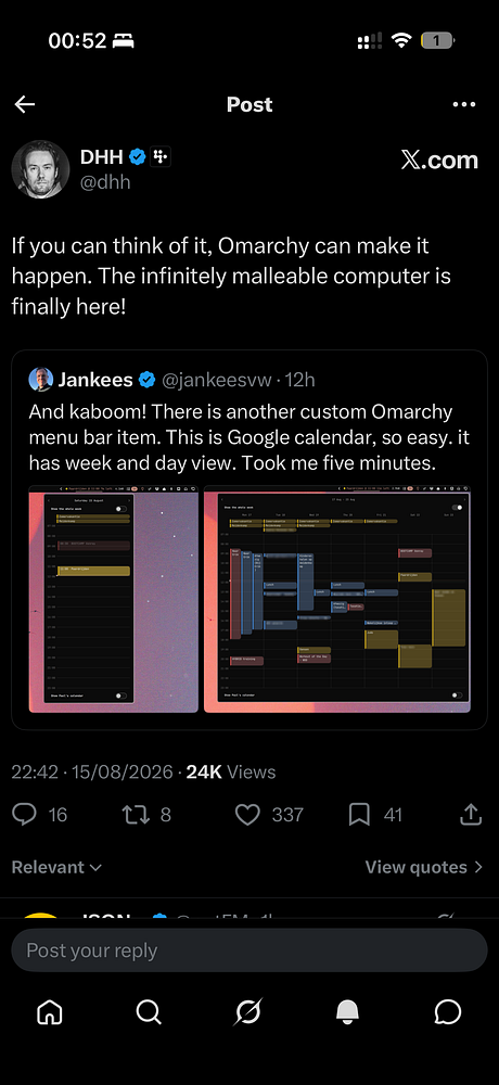 Screenshot of a Twitter conversation between a user and Jason Fried, with a repost from DHH.