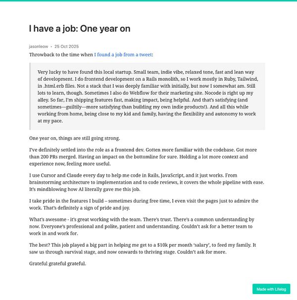 A blog post reflecting on a year of employment in frontend development.