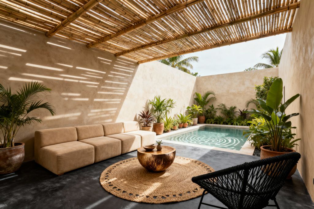A covered indoor–outdoor living area features a bamboo pergola casting striped shadows over beige lime-plaster walls and a charcoal concrete floor. A sand-colored modular sofa lines the left wall, facing a round carved-wood coffee table on a woven jute rug, with a black cord lounge chair in the foreground; at the far end, a small turquoise plunge pool is bordered by terracotta pots filled with lush tropical plants and palms.