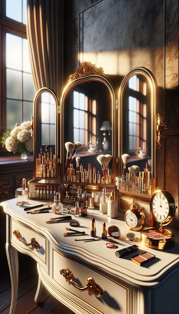 A Tri-fold Mirror standing atop a beautifully styled vanity table, surrounded by cosmetic products and decorative items, with sunlight streaming in from a nearby window.