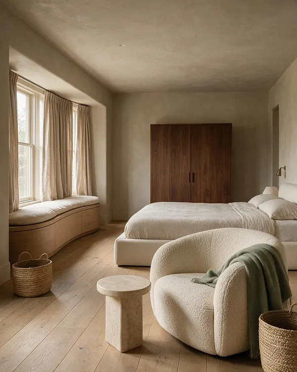 A serene master bedroom with a low upholstered bed, cream boucle lounge chair, built-in window seat, and dark wood wardrobe. Soft beige walls, pale wood floors, linen curtains, and woven baskets create a calm organic modern look.