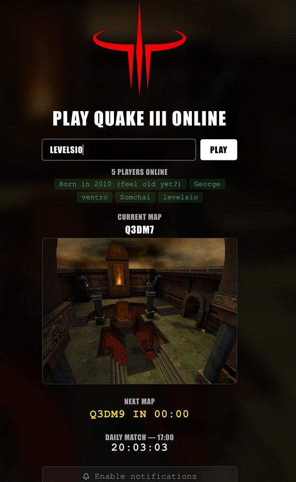 Screenshot of a game menu titled 'Quake III Arena' showing options to play locally, join a server, or add favorite servers.